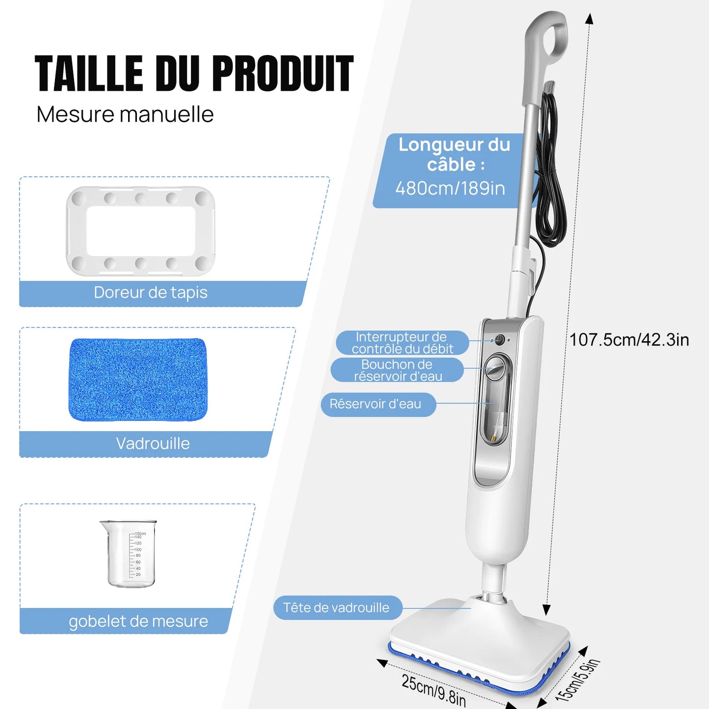 DayPlus Steam Mop & Detachable Steam Cleaner, 1500W Powerful Floor Steamer for Carpet Laminate Hardwood,2 Washable Pads, 400ml