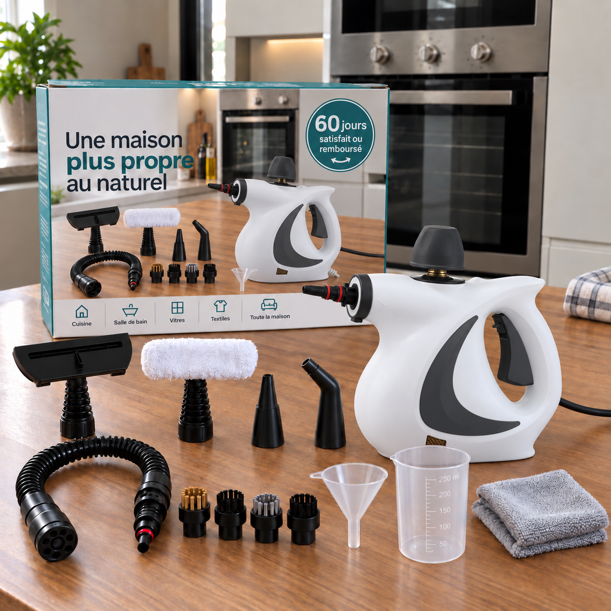 Packaging du nettoyeur vapeur Clean & Smart avec ses 9 accessoires