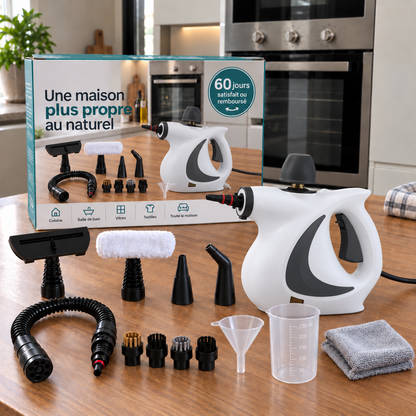 Packaging du nettoyeur vapeur Clean & Smart avec ses 9 accessoires