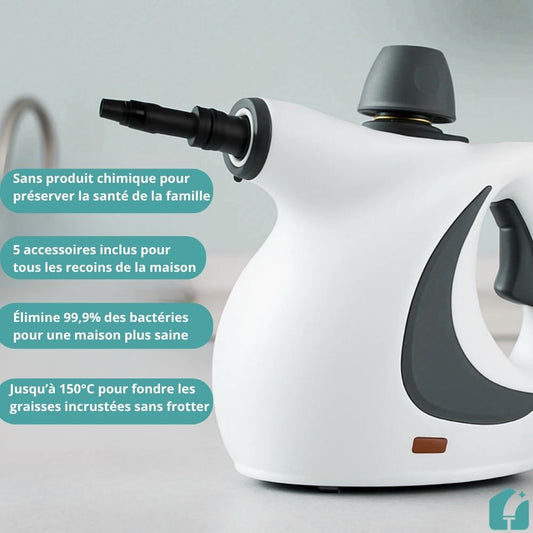 Nettoyeur vapeur à main blanc 150°C — sans produit chimique, 9 accessoires inclus
