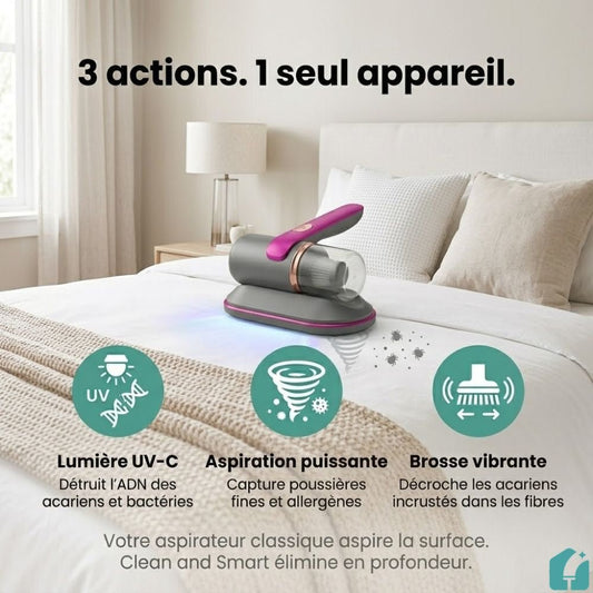 Aspirateur anti - acariens UV - C — Élimine 99,9% des acariens en 5 minutes - CLEAN AND SMART