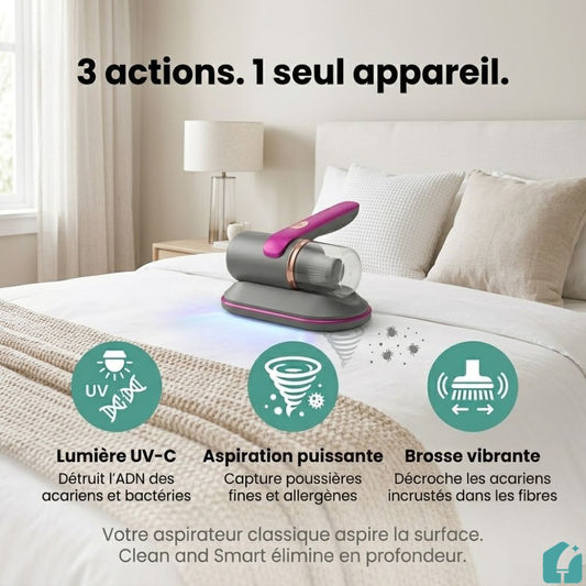 Aspirateur anti-acariens UV-C  — Élimine 99,9% des acariens en 5 minutes
