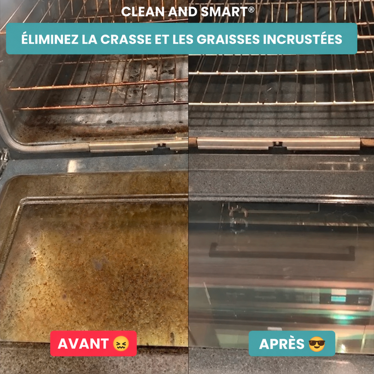 Intérieur de four avant et après nettoyage à la vapeur Clean & Smart : graisses incrustées éliminées
